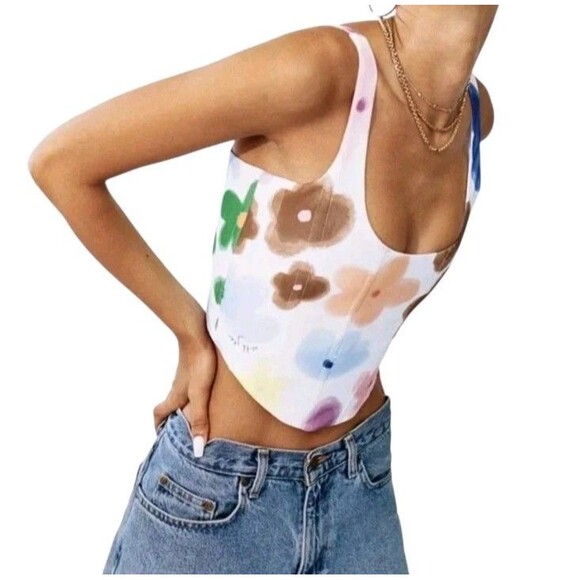 With Cindy Y2K Soft Girl Corset Womens Small Cream Floral Artsy Festival Mesh - Picture 1 of 10